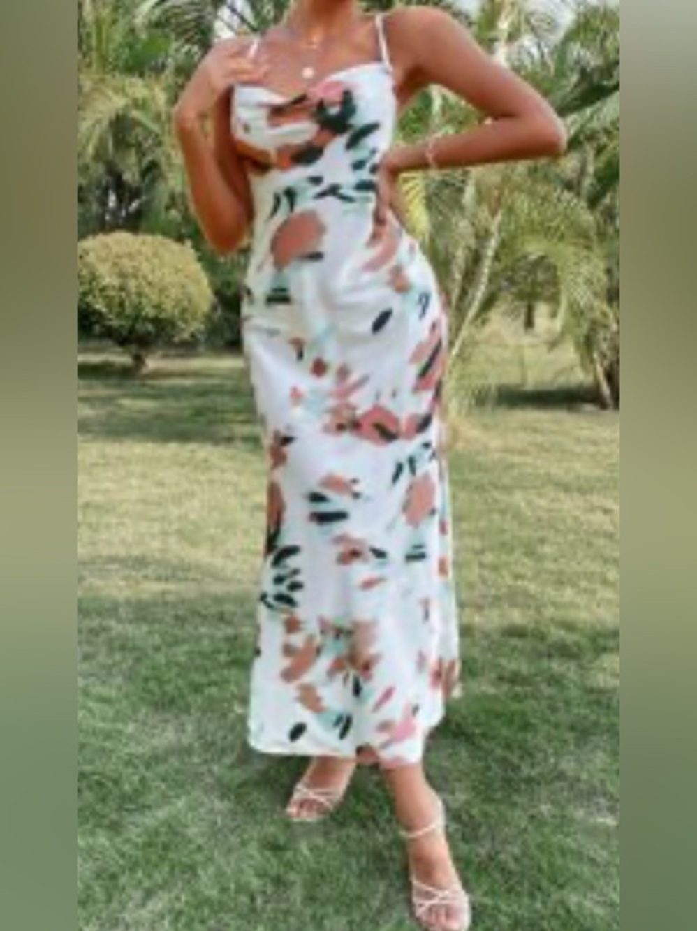 White Floral Print Midi Dress with Cutout